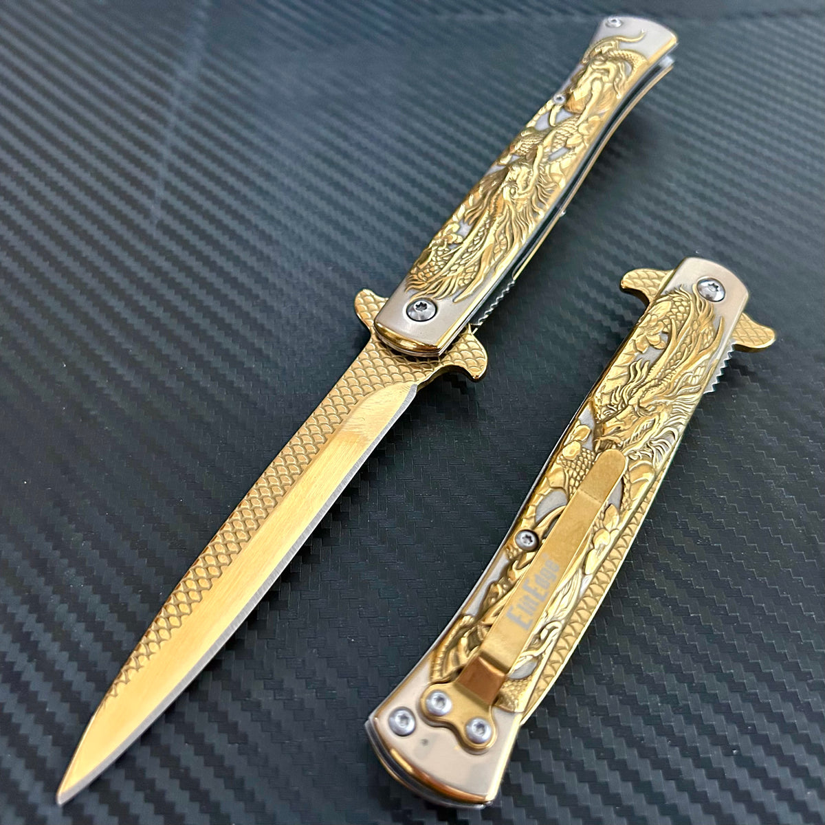 BladeDealUSA 9” Gold Dragon Engraved Cute Spring Assisted Open Blade Folding Pocket Knife. Hunting, Camping, Cute Knife. Cool Knife