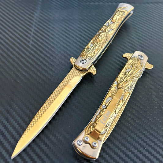 BladeDealUSA 9” Gold Dragon Engraved Cute Spring Assisted Open Blade Folding Pocket Knife. Hunting, Camping, Cute Knife. Cool Knife