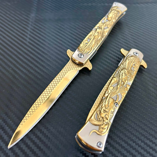 BladeDealUSA 9” Gold Dragon Engraved Cute Spring Assisted Open Blade Folding Pocket Knife. Hunting, Camping, Cute Knife. Cool Knife
