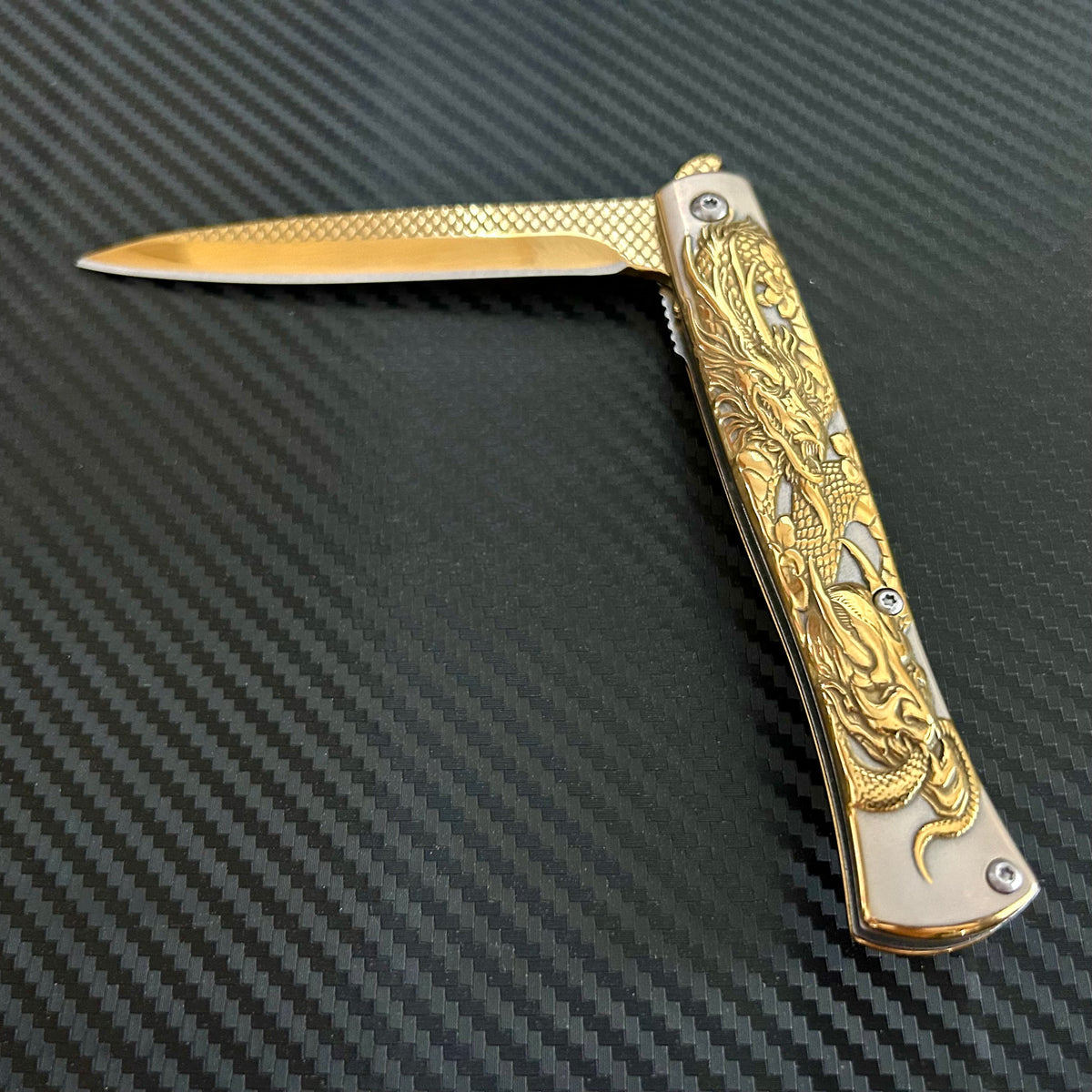 BladeDealUSA 9” Gold Dragon Engraved Cute Spring Assisted Open Blade Folding Pocket Knife. Hunting, Camping, Cute Knife. Cool Knife