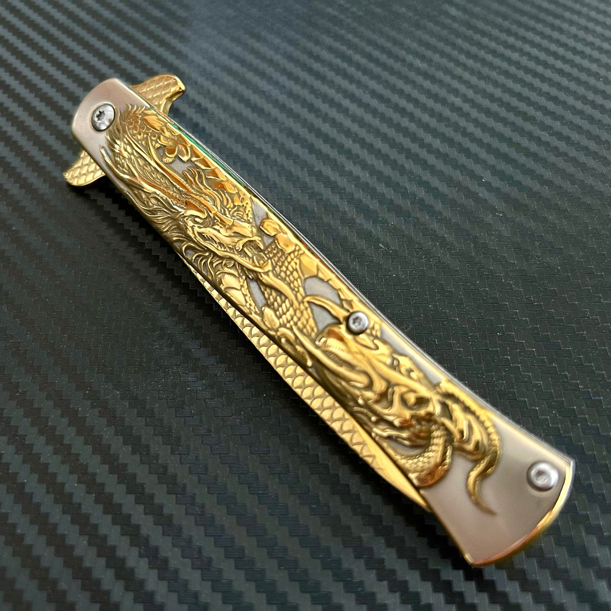 BladeDealUSA 9” Gold Dragon Engraved Cute Spring Assisted Open Blade Folding Pocket Knife. Hunting, Camping, Cute Knife. Cool Knife