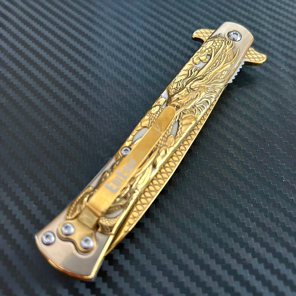 BladeDealUSA 9” Gold Dragon Engraved Cute Spring Assisted Open Blade Folding Pocket Knife. Hunting, Camping, Cute Knife. Cool Knife