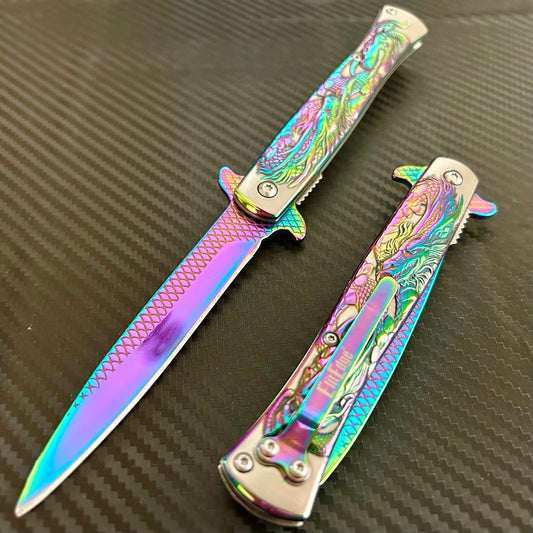 BladeDealUSA 9” Rainbow Dragon Engraved Cute Spring Assisted Open Blade Folding Pocket Knife. Hunting, Camping, Cute Knife. Cool Knife
