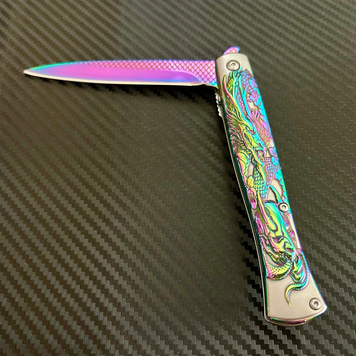 BladeDealUSA 9” Rainbow Dragon Engraved Cute Spring Assisted Open Blade Folding Pocket Knife. Hunting, Camping, Cute Knife. Cool Knife