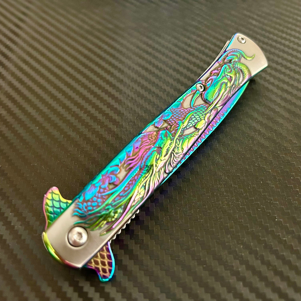 BladeDealUSA 9” Rainbow Dragon Engraved Cute Spring Assisted Open Blade Folding Pocket Knife. Hunting, Camping, Cute Knife. Cool Knife