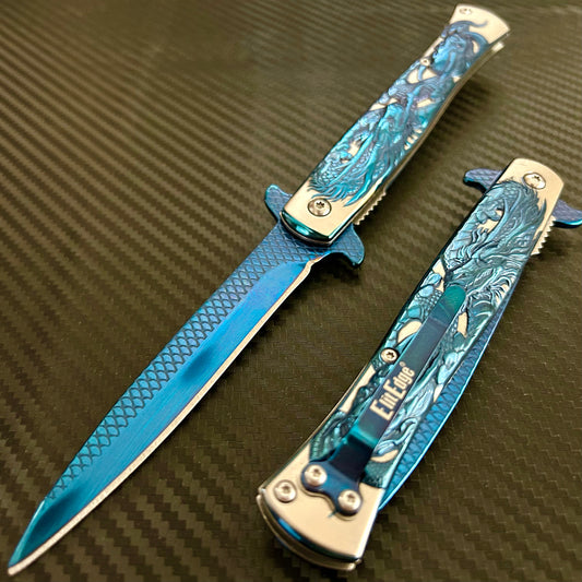 BladeDealUSA 9” Blue Dragon Engraved Cute Spring Assisted Open Blade Folding Pocket Knife. Hunting, Camping, Cute Knife. Cool Knife