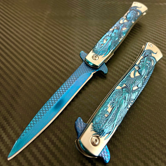 BladeDealUSA 9” Blue Dragon Engraved Cute Spring Assisted Open Blade Folding Pocket Knife. Hunting, Camping, Cute Knife. Cool Knife