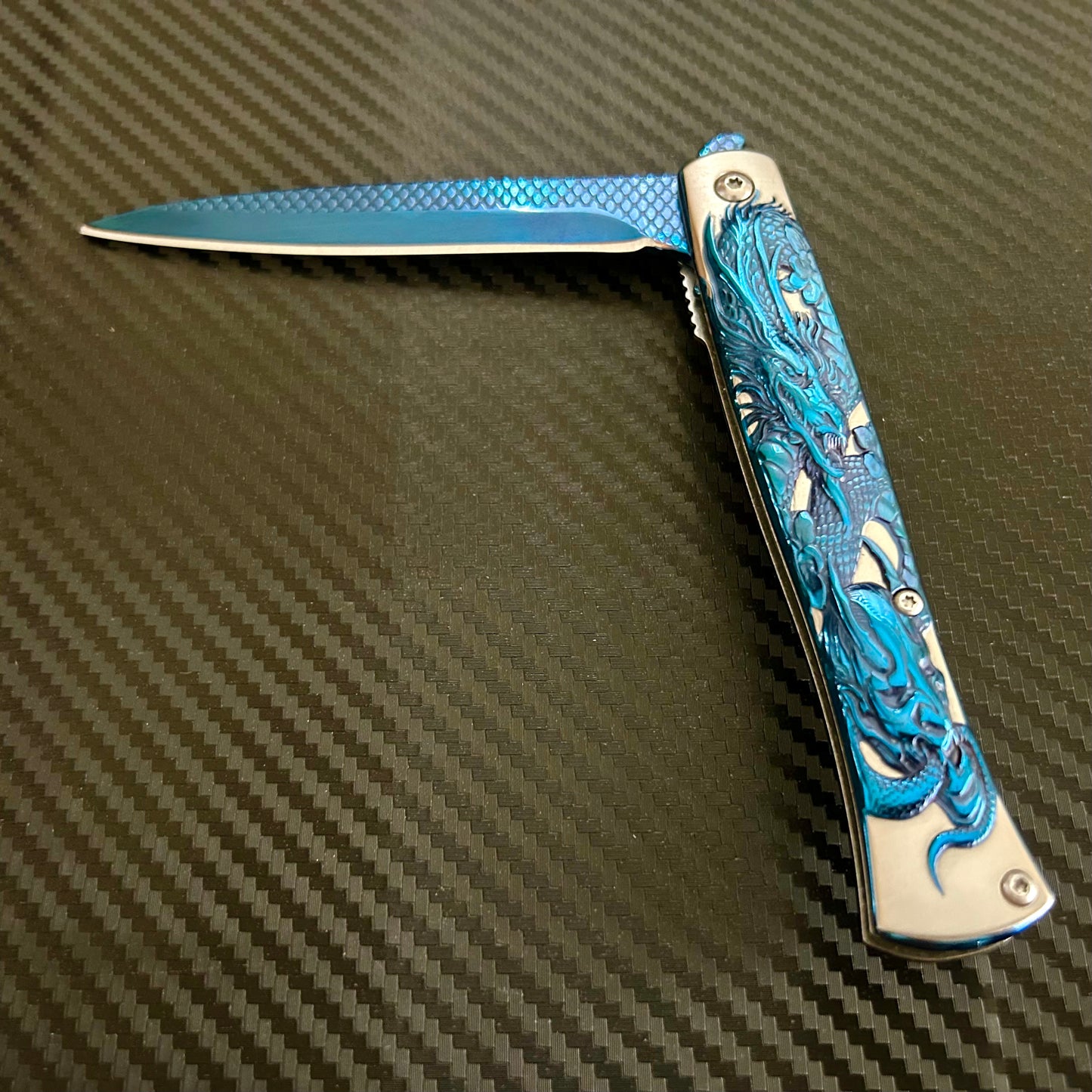 BladeDealUSA 9” Blue Dragon Engraved Cute Spring Assisted Open Blade Folding Pocket Knife. Hunting, Camping, Cute Knife. Cool Knife