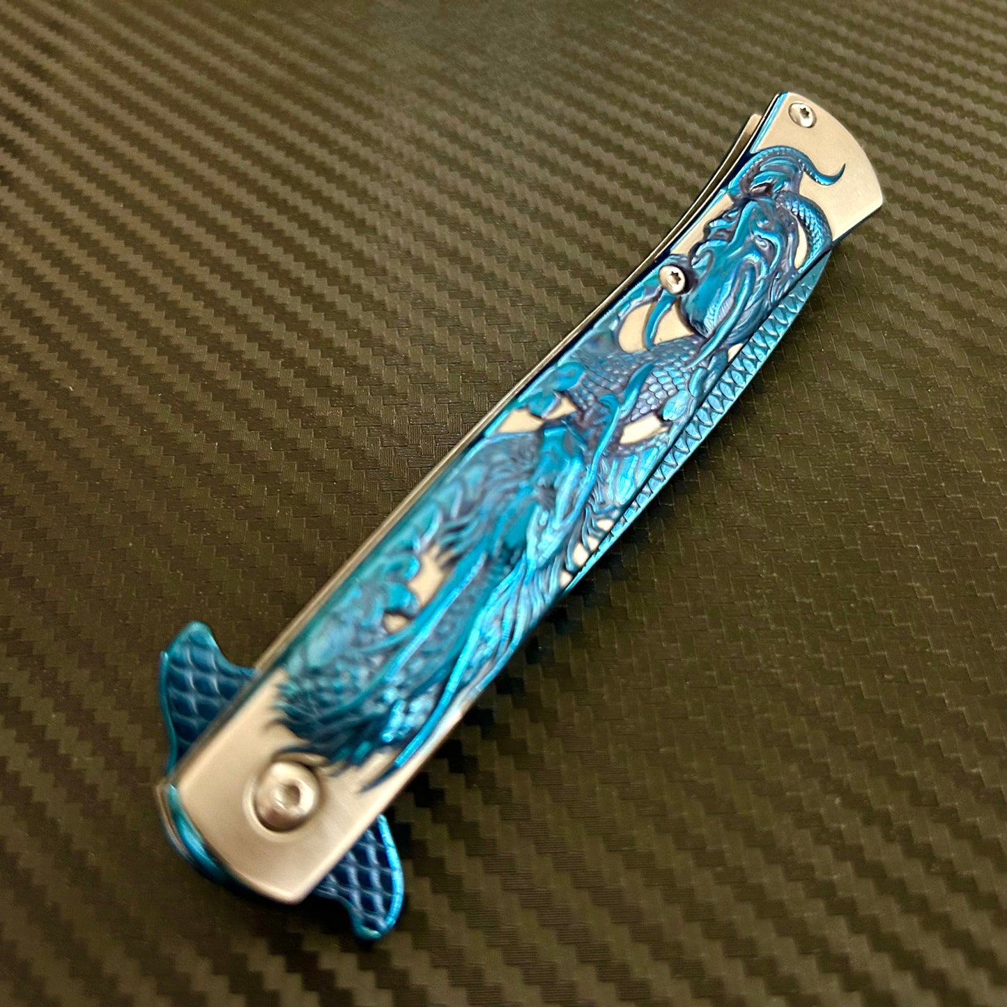 BladeDealUSA 9” Blue Dragon Engraved Cute Spring Assisted Open Blade Folding Pocket Knife. Hunting, Camping, Cute Knife. Cool Knife