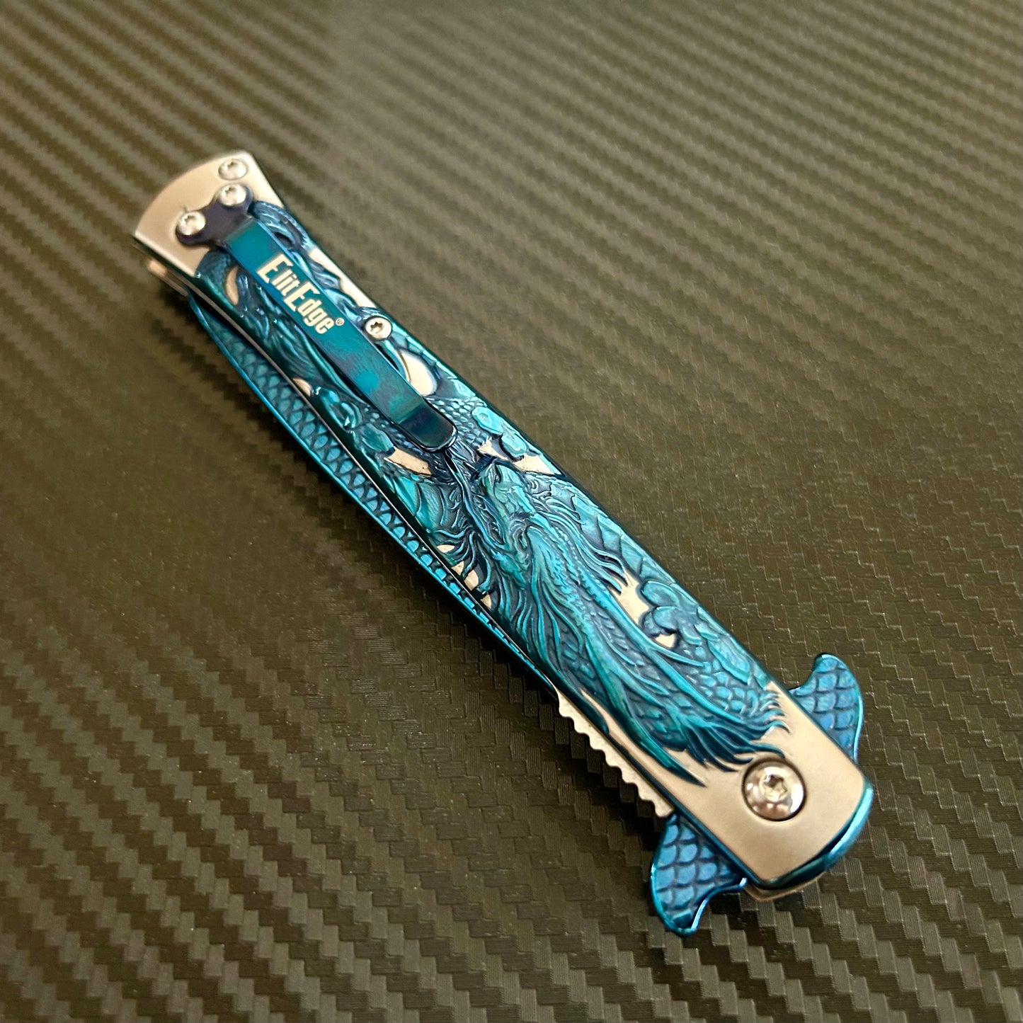 BladeDealUSA 9” Blue Dragon Engraved Cute Spring Assisted Open Blade Folding Pocket Knife. Hunting, Camping, Cute Knife. Cool Knife