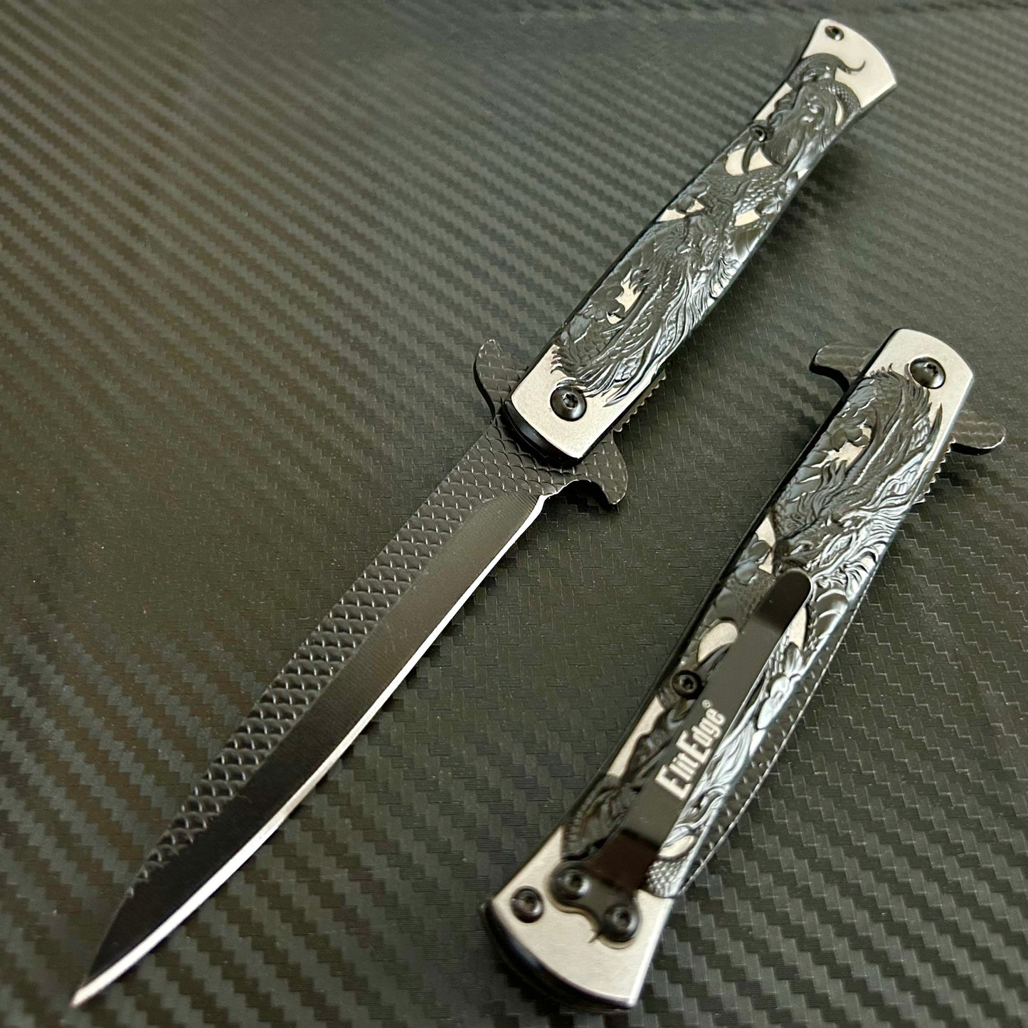 BladeDealUSA 9” Black Dragon Engraved Cute Spring Assisted Open Blade Folding Pocket Knife. Hunting, Camping, Cute Knife. Cool Knife