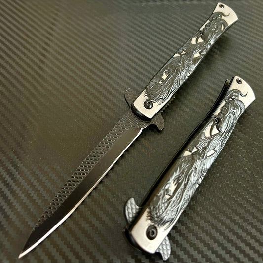 BladeDealUSA 9” Black Dragon Engraved Cute Spring Assisted Open Blade Folding Pocket Knife. Hunting, Camping, Cute Knife. Cool Knife