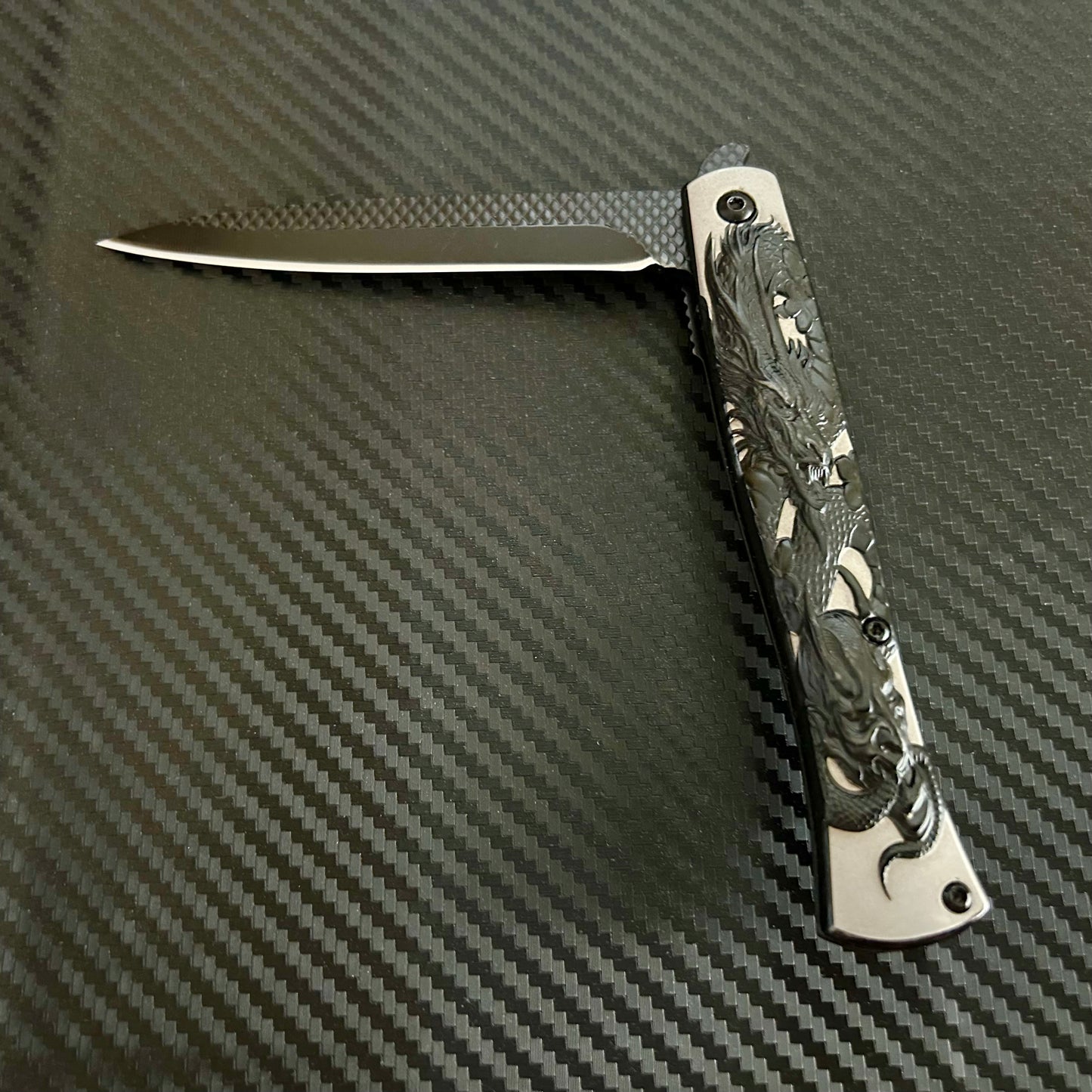 BladeDealUSA 9” Black Dragon Engraved Cute Spring Assisted Open Blade Folding Pocket Knife. Hunting, Camping, Cute Knife. Cool Knife