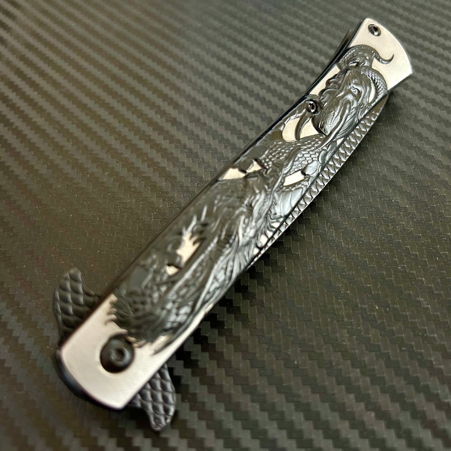 BladeDealUSA 9” Black Dragon Engraved Cute Spring Assisted Open Blade Folding Pocket Knife. Hunting, Camping, Cute Knife. Cool Knife