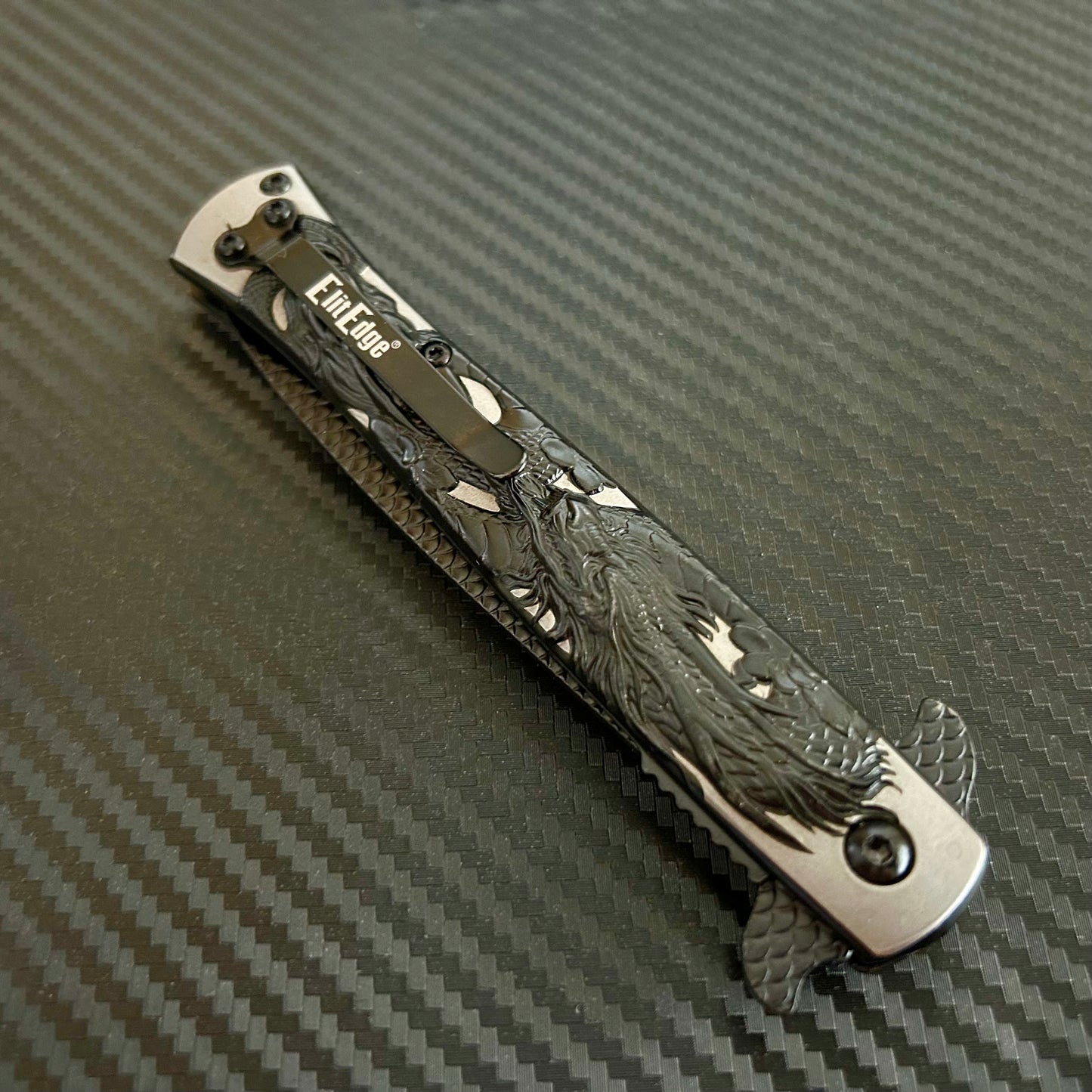 BladeDealUSA 9” Black Dragon Engraved Cute Spring Assisted Open Blade Folding Pocket Knife. Hunting, Camping, Cute Knife. Cool Knife