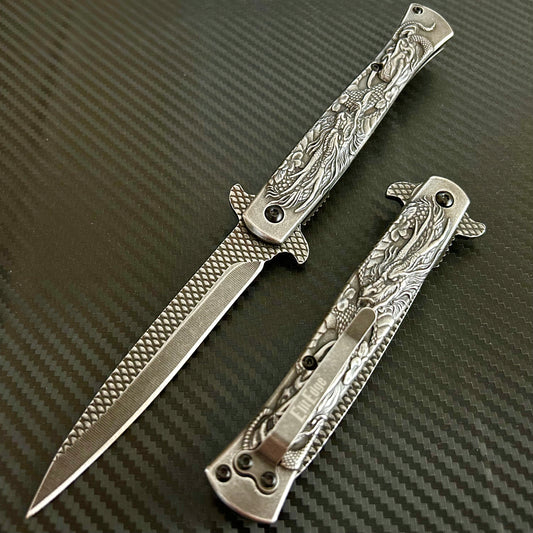 BladeDealUSA 9” Stonewashed Dragon Engraved Cute Spring Assisted Open Blade Folding Pocket Knife. Hunting, Camping, Cute Knife. Cool Knife