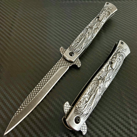 BladeDealUSA 9” Stonewashed Dragon Engraved Cute Spring Assisted Open Blade Folding Pocket Knife. Hunting, Camping, Cute Knife. Cool Knife