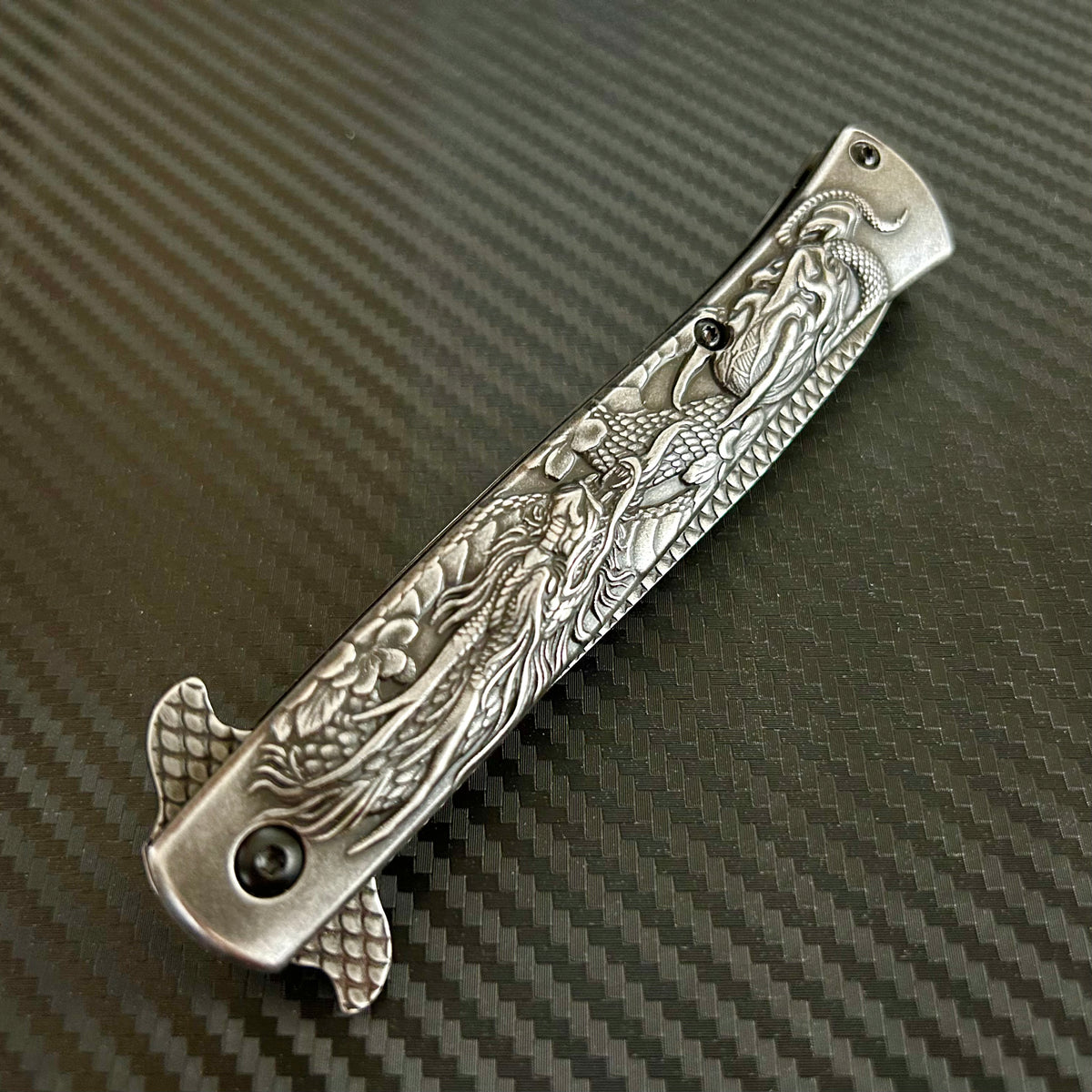 BladeDealUSA 9” Stonewashed Dragon Engraved Cute Spring Assisted Open Blade Folding Pocket Knife. Hunting, Camping, Cute Knife. Cool Knife