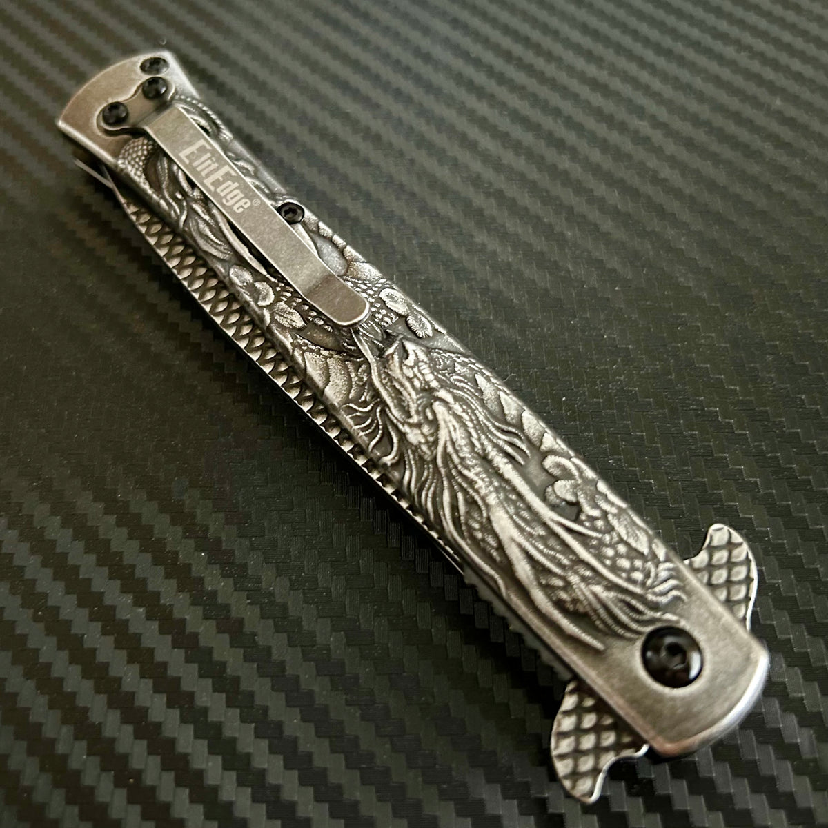 BladeDealUSA 9” Stonewashed Dragon Engraved Cute Spring Assisted Open Blade Folding Pocket Knife. Hunting, Camping, Cute Knife. Cool Knife