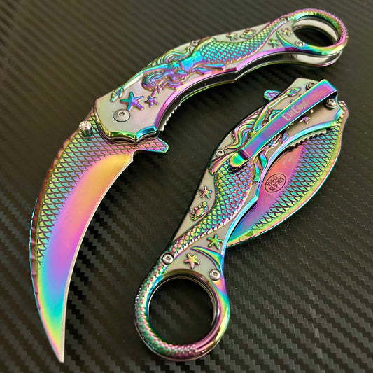 BladeDealUSA Mermaid Sculpture 9” Karambit Tactical Spring Assisted Folding Pocket Knife. Hunting, Camping, Cute Knife. Cool Knife