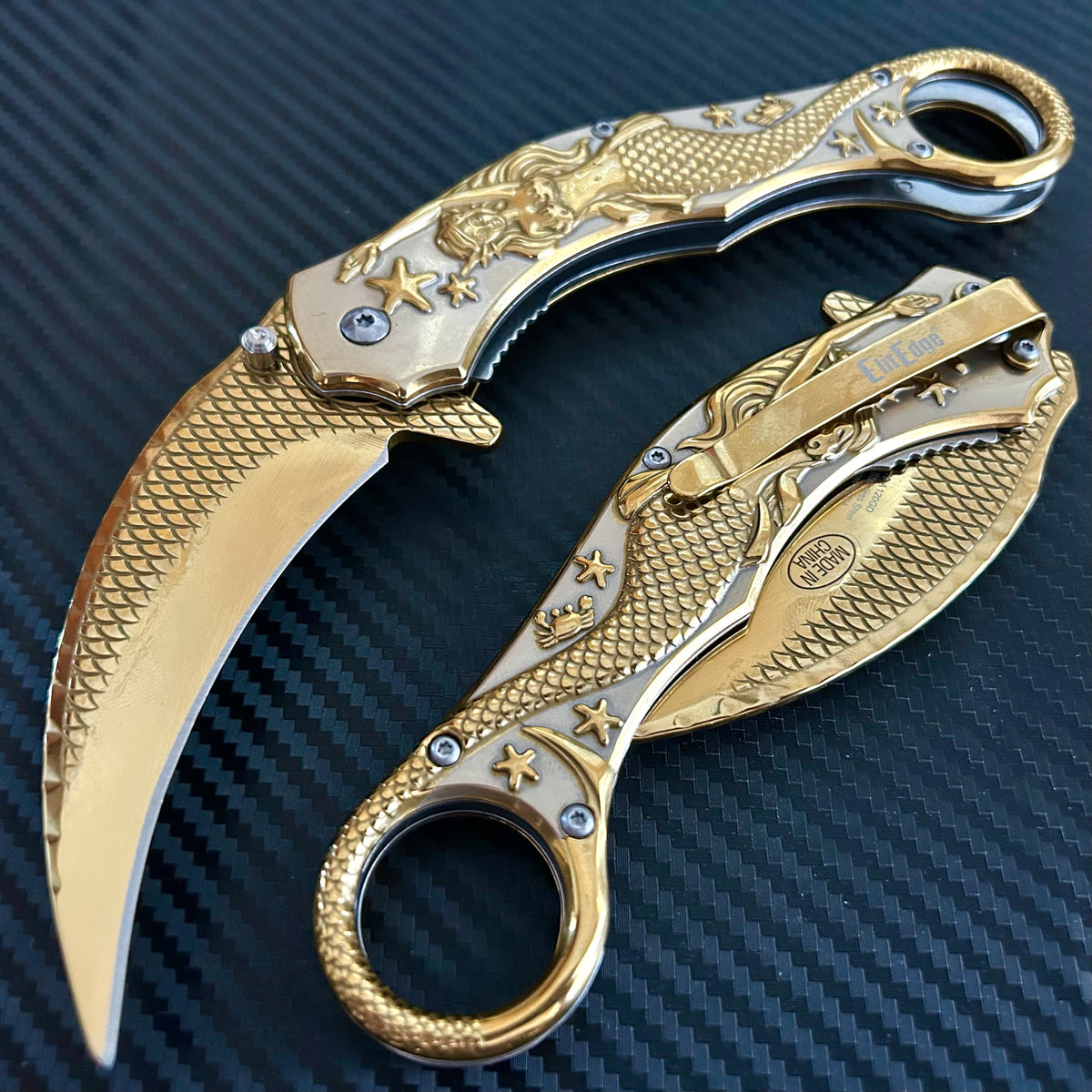 BladeDealUSA Mermaid Sculpture 9” Karambit Tactical Spring Assisted Folding Pocket Knife. Hunting, Camping, Cute Knife. Cool Knife