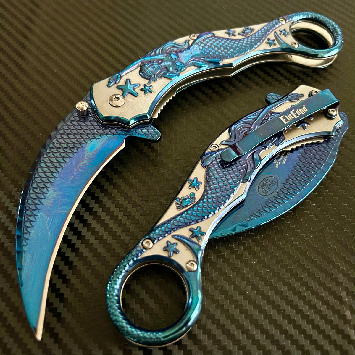 BladeDealUSA Mermaid Sculpture 9” Karambit Tactical Spring Assisted Folding Pocket Knife. Hunting, Camping, Cute Knife. Cool Knife