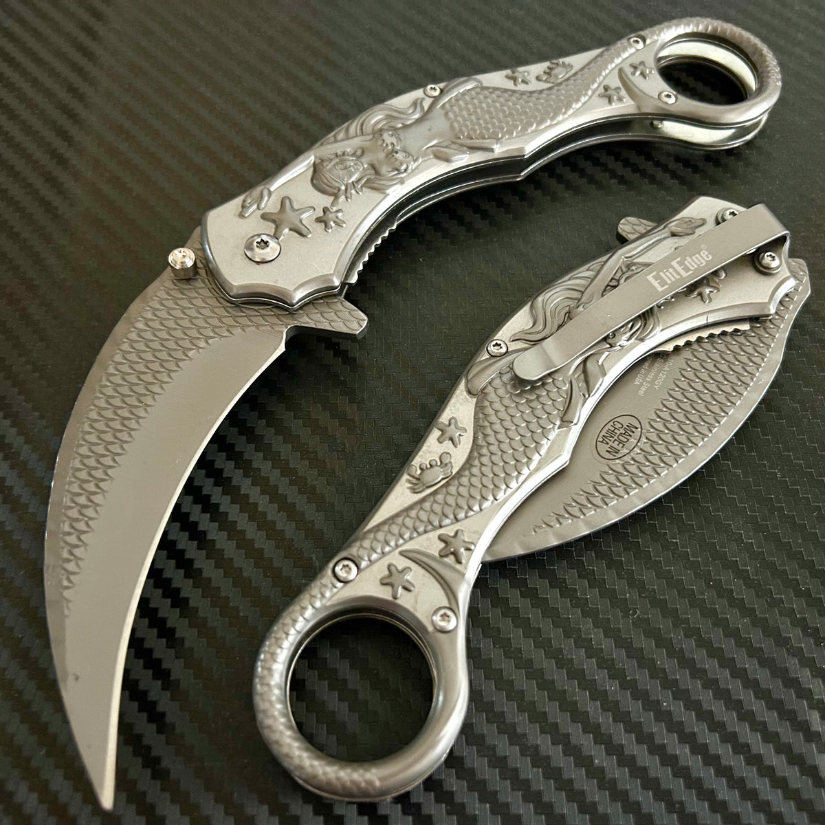 BladeDealUSA Mermaid Sculpture 9” Karambit Tactical Spring Assisted Folding Pocket Knife. Hunting, Camping, Cute Knife. Cool Knife