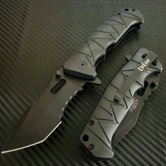 ElitEdge 8” Tactical Black Jumbo Spring Assisted Open Blade Folding Pocket Knife. Hunting, Camping, Cute Knife