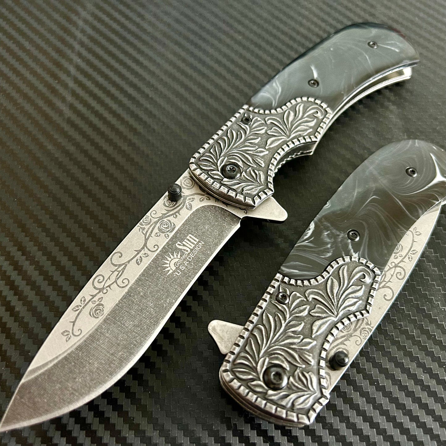 BladeDealUSA 8.5” Rose Engraved Cute Spring Assisted Open Blade Folding Pocket Knife. Hunting, Camping, Cute Knife. Cool Knife
