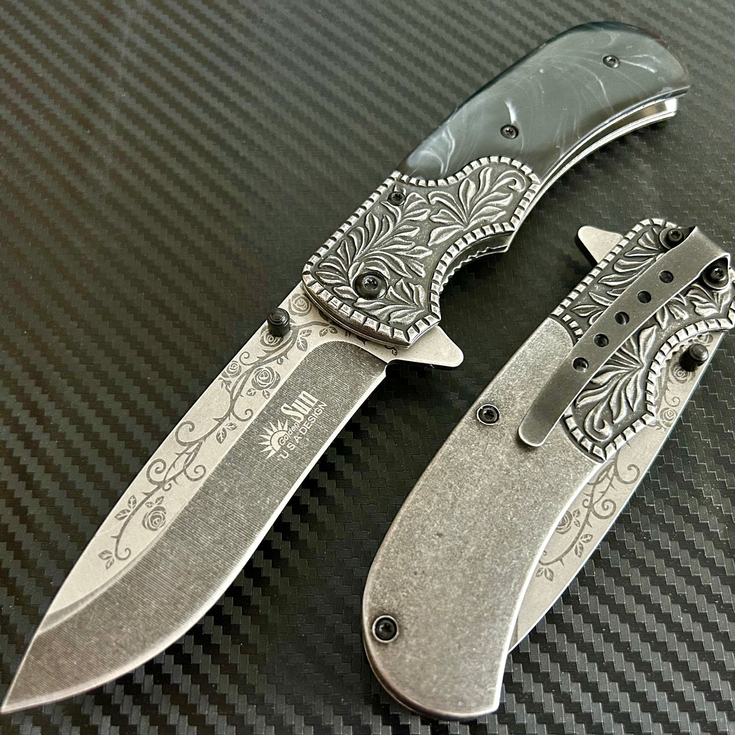 BladeDealUSA 8.5” Rose Engraved Cute Spring Assisted Open Blade Folding Pocket Knife. Hunting, Camping, Cute Knife. Cool Knife