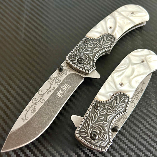 BladeDealUSA 8.5” Rose Engraved Cute Spring Assisted Open Blade Folding Pocket Knife. Hunting, Camping, Cute Knife. Cool Knife