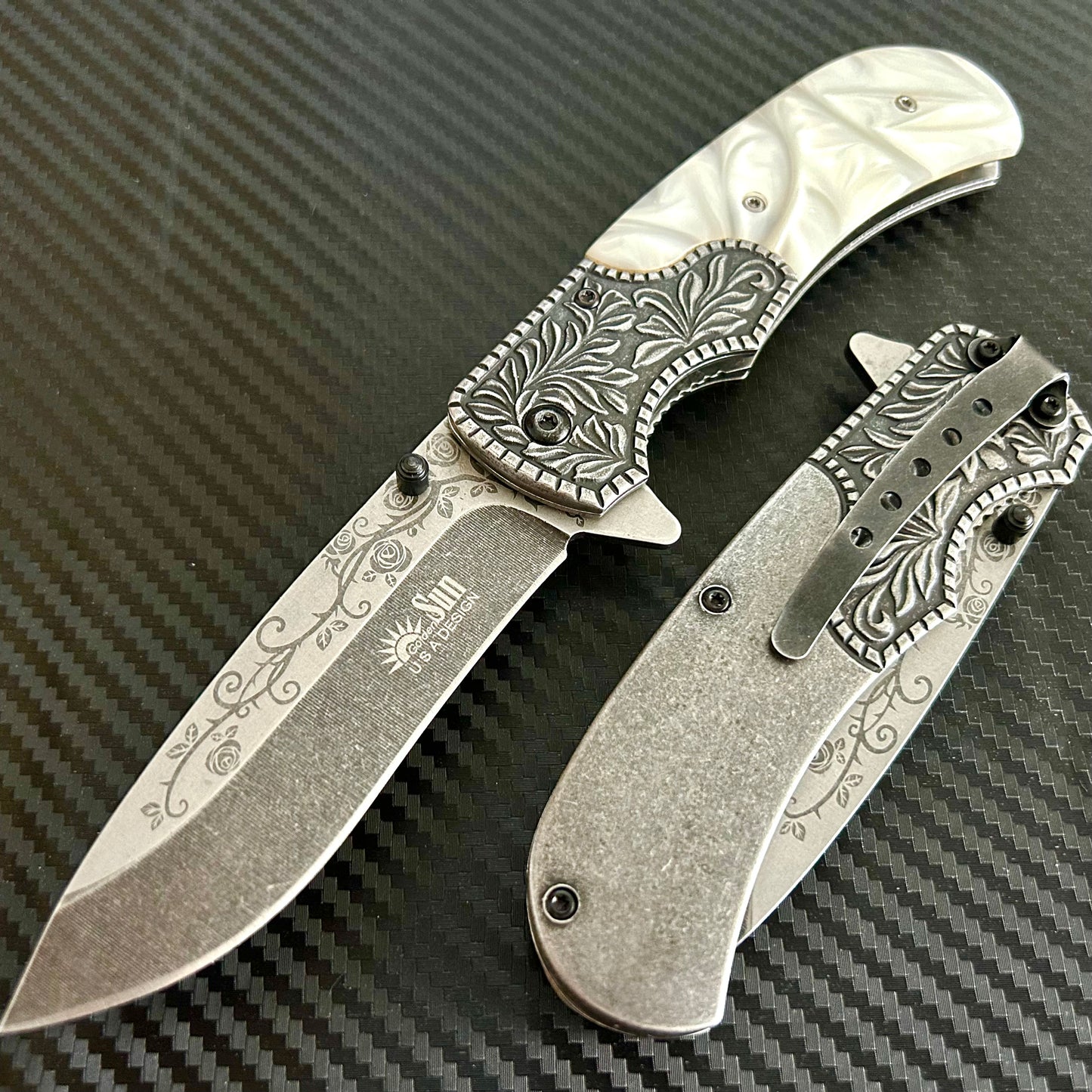 BladeDealUSA 8.5” Rose Engraved Cute Spring Assisted Open Blade Folding Pocket Knife. Hunting, Camping, Cute Knife. Cool Knife