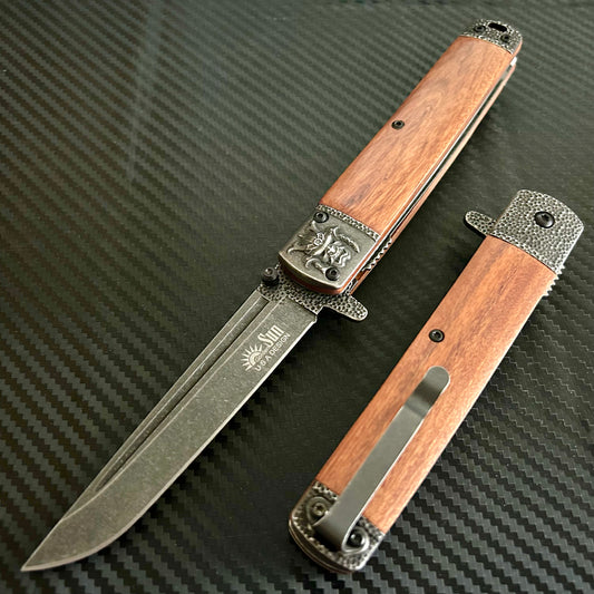 BladeDealUSA 9” Cute Stonewashed Monster Mini wood Katana Spring Assisted Open Blade Folding Pocket Knife Hunting Cool Knife