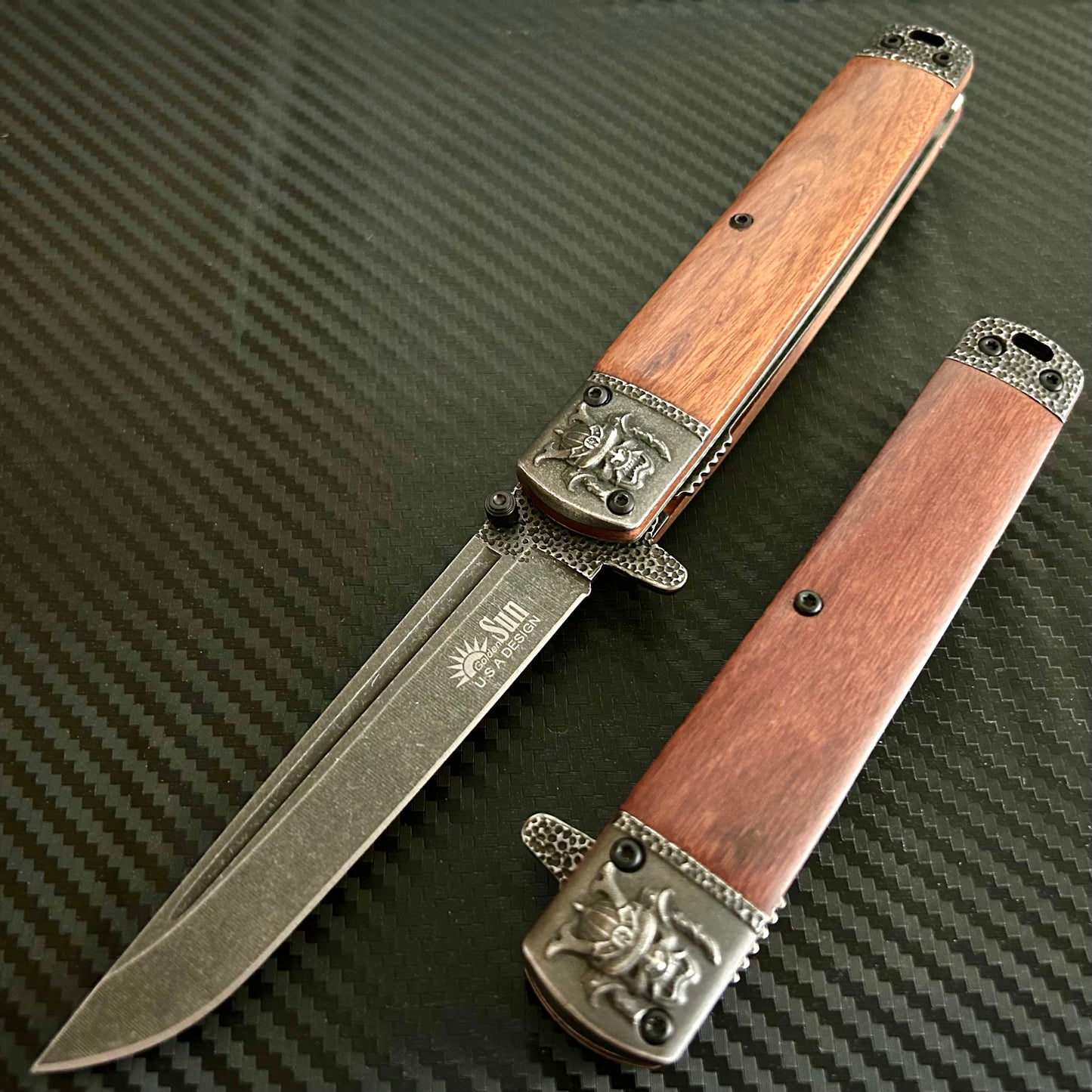 BladeDealUSA 9” Cute Stonewashed Monster Mini wood Katana Spring Assisted Open Blade Folding Pocket Knife Hunting Cool Knife