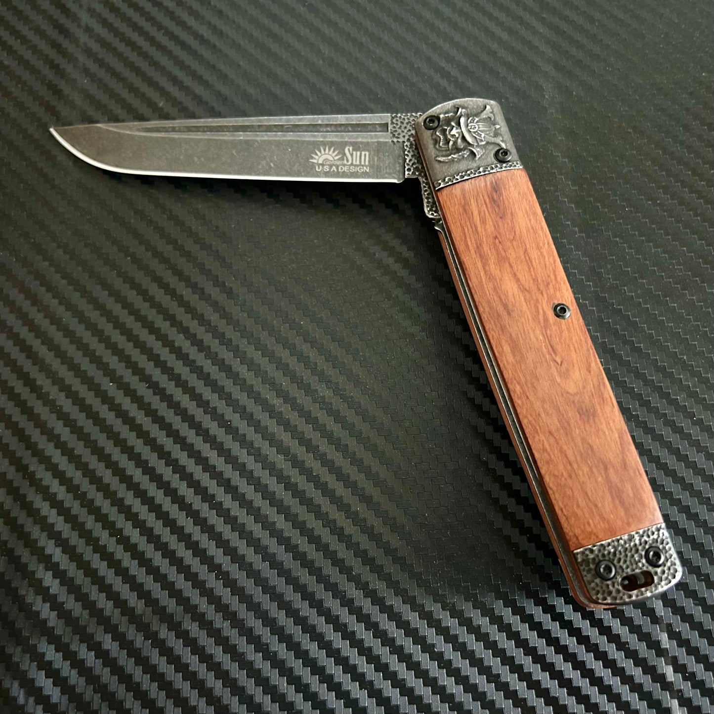 BladeDealUSA 9” Cute Stonewashed Monster Mini wood Katana Spring Assisted Open Blade Folding Pocket Knife Hunting Cool Knife