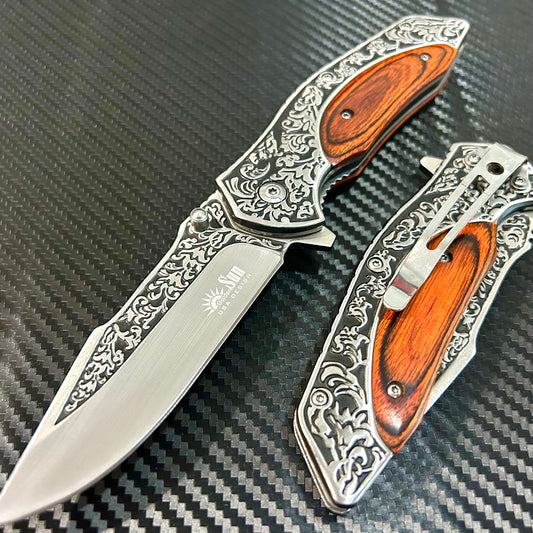 BladeDealUSA 9” Wood Flower Engraved Cute Spring Assisted Open Blade Folding Pocket Knife. Hunting, Camping, Cute Knife. Cool Knife