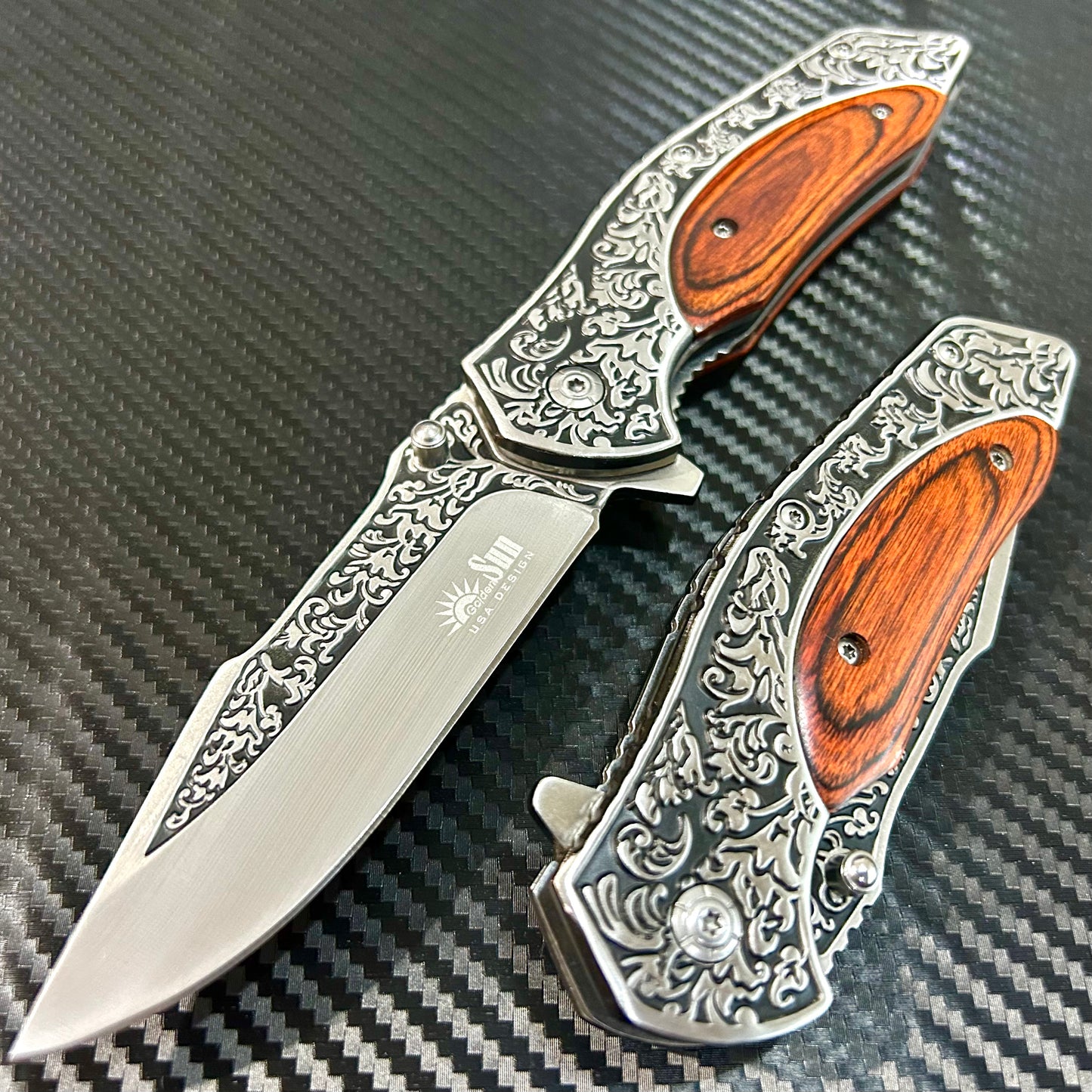 BladeDealUSA 9” Wood Flower Engraved Cute Spring Assisted Open Blade Folding Pocket Knife. Hunting, Camping, Cute Knife. Cool Knife