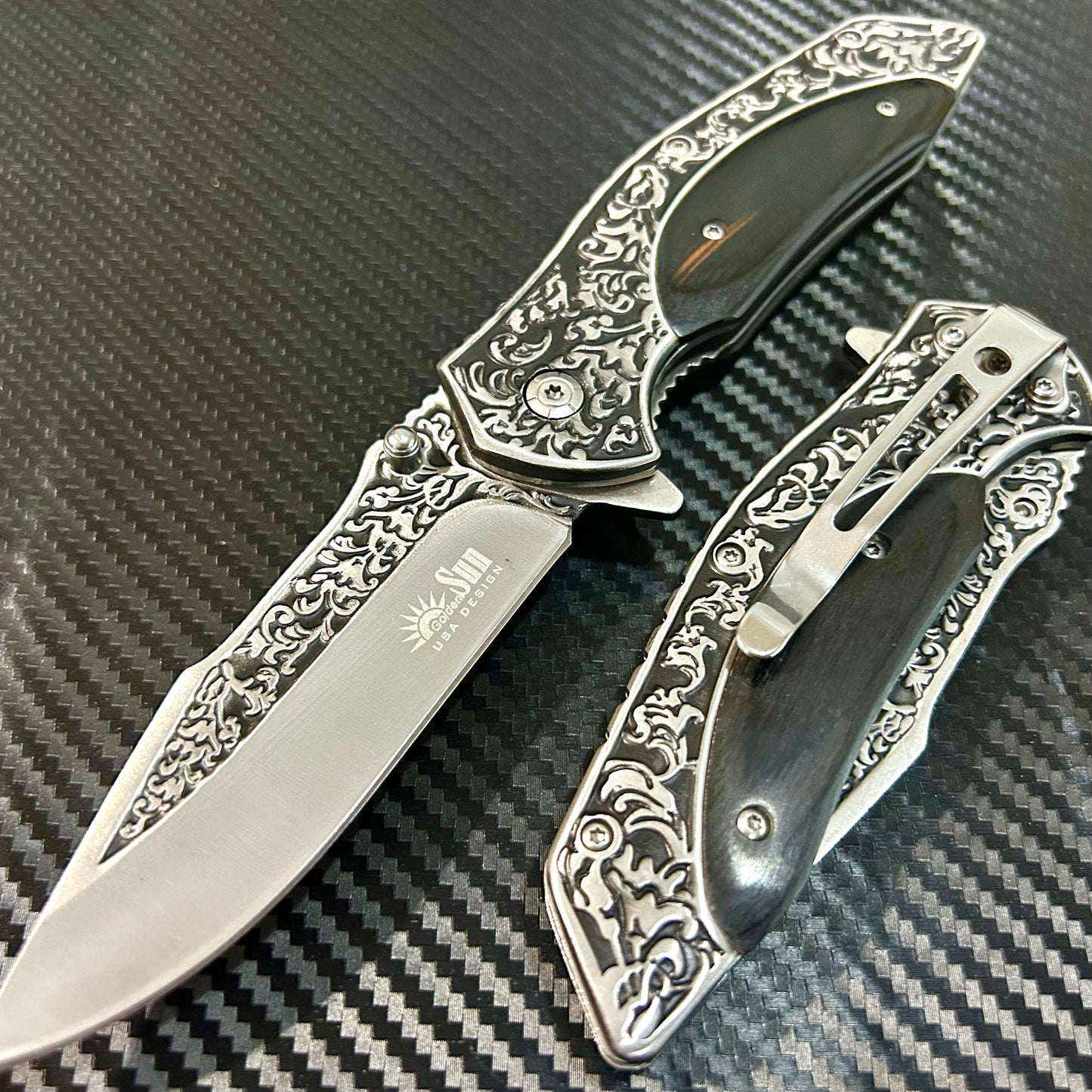 BladeDealUSA 9” Wood Flower Engraved Cute Spring Assisted Open Blade Folding Pocket Knife. Hunting, Camping, Cute Knife. Cool Knife