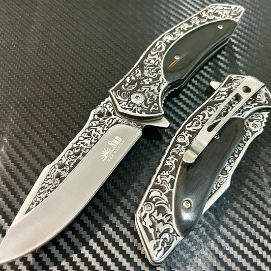 BladeDealUSA 9” Wood Flower Engraved Cute Spring Assisted Open Blade Folding Pocket Knife. Hunting, Camping, Cute Knife. Cool Knife
