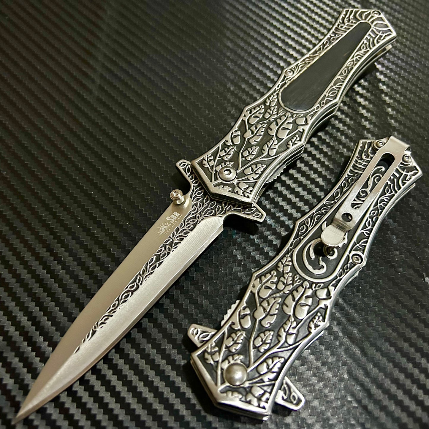 BladeDealUSA  9” Black Wood Flower Engraved Cute Spring Assisted Open Blade Folding Pocket Knife. Hunting, Camping, Cute Knife. Cool Knife