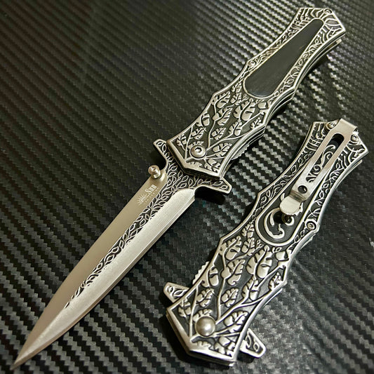 BladeDealUSA  9” Black Wood Flower Engraved Cute Spring Assisted Open Blade Folding Pocket Knife. Hunting, Camping, Cute Knife. Cool Knife