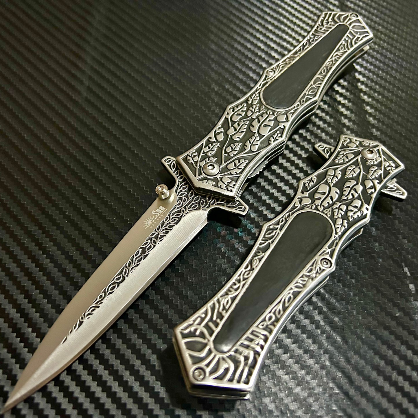 BladeDealUSA  9” Black Wood Flower Engraved Cute Spring Assisted Open Blade Folding Pocket Knife. Hunting, Camping, Cute Knife. Cool Knife
