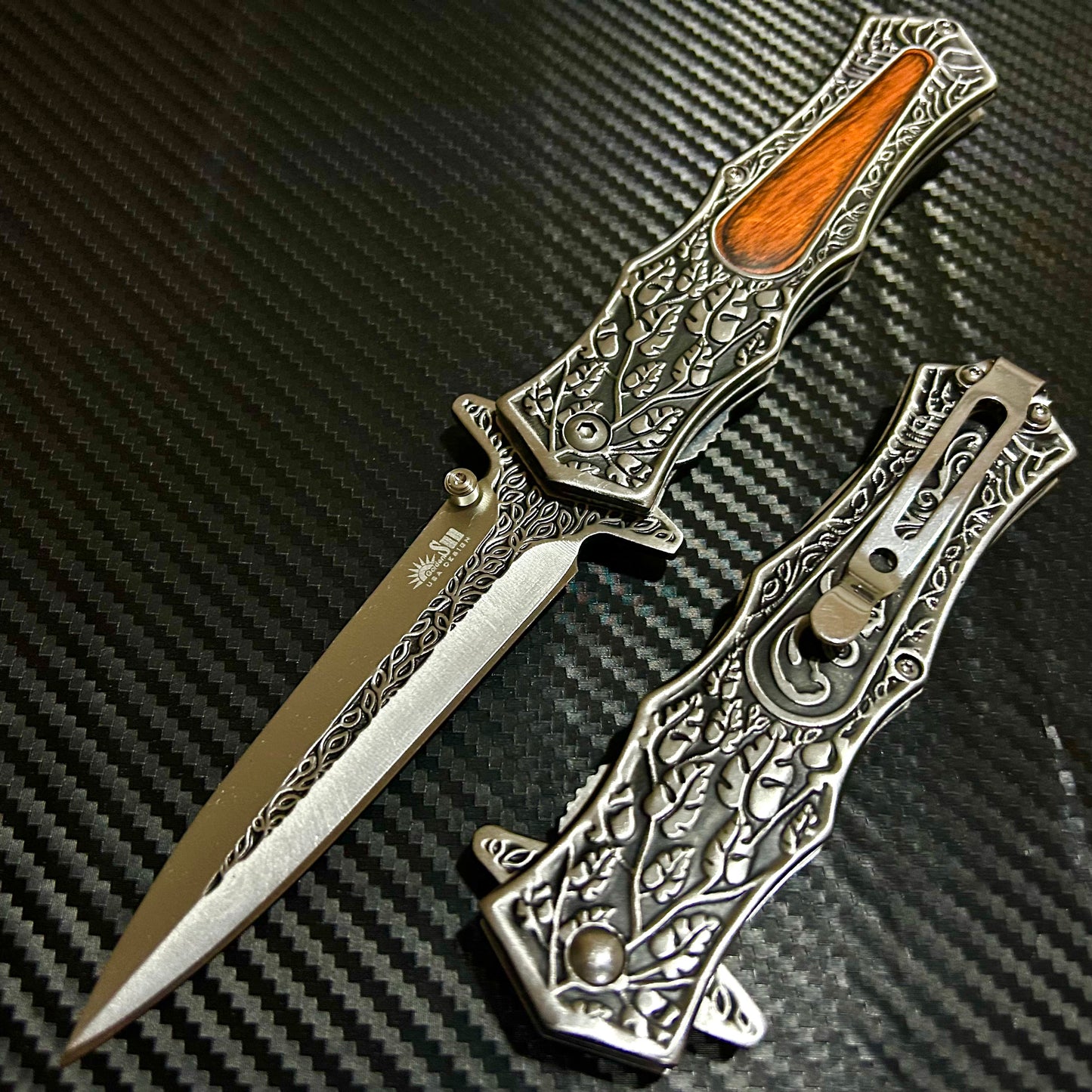 BladeDealUSA  9” Black Wood Flower Engraved Cute Spring Assisted Open Blade Folding Pocket Knife. Hunting, Camping, Cute Knife. Cool Knife