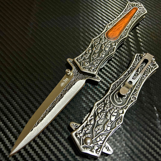 BladeDealUSA  9” Black Wood Flower Engraved Cute Spring Assisted Open Blade Folding Pocket Knife. Hunting, Camping, Cute Knife. Cool Knife