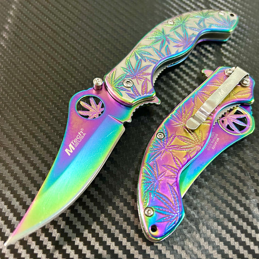 Falcon Knife Luxury Rainbow Leaf Engraved 7.5” Spring Assisted Folding Pocket Knife