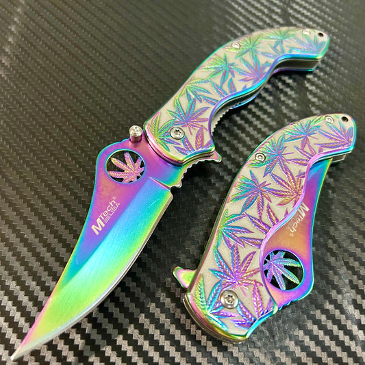 Falcon Knife Luxury Rainbow Leaf Engraved 7.5” Spring Assisted Folding Pocket Knife
