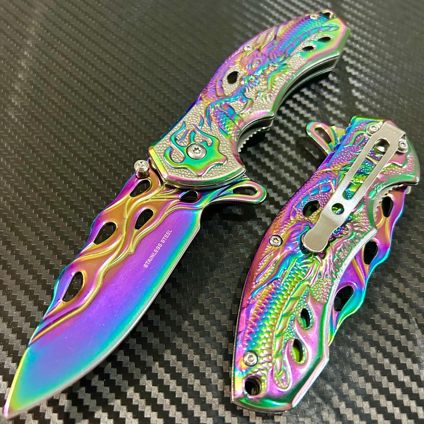 BladeDealUSA 8” Rainbow Dragon Tactical Spring Assisted Folding Pocket Knife. Hunting, Camping, Cute Knife. Cool Knife.