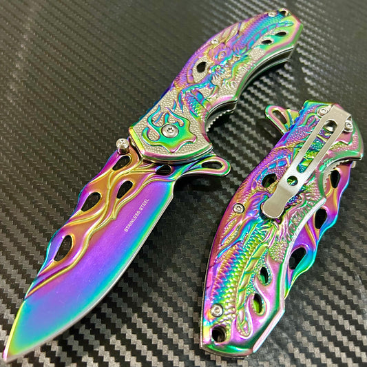 BladeDealUSA 8” Rainbow Dragon Tactical Spring Assisted Folding Pocket Knife. Hunting, Camping, Cute Knife. Cool Knife.
