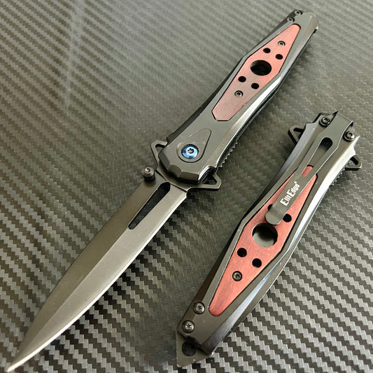 BladeDealUSA 9” Classic Black Wood Handle Tactical Spring Assisted Folding Pocket Knife Cute Knife. Hunting, Camping, Cute Knife. Cool Knife