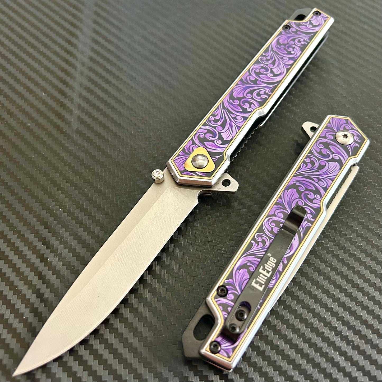 BladeDealUSA 9” Flower Engraved Metal Handle,Cute Knife,Spring Assisted Open Folding Pocket Knife, Gift for him, Gift for her, Cool Knife